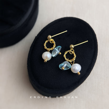 A廠【6441】淡水珍珠玻璃水晶藍色海洋繫手工小巧耳環女氣質簡約甜美新款耳飾 25.07-3