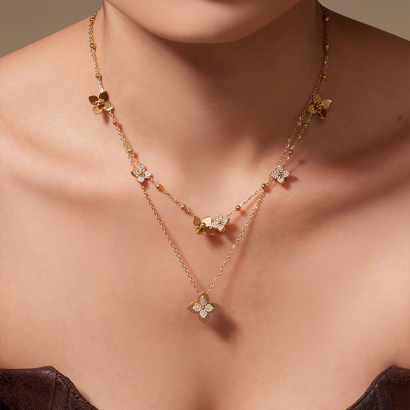 B廠【TXP489】熱銷新品重十字夾珠鬱金香花朵鑲鋯石滿鑽鎖骨項鍊戒指套裝
 25.11-4