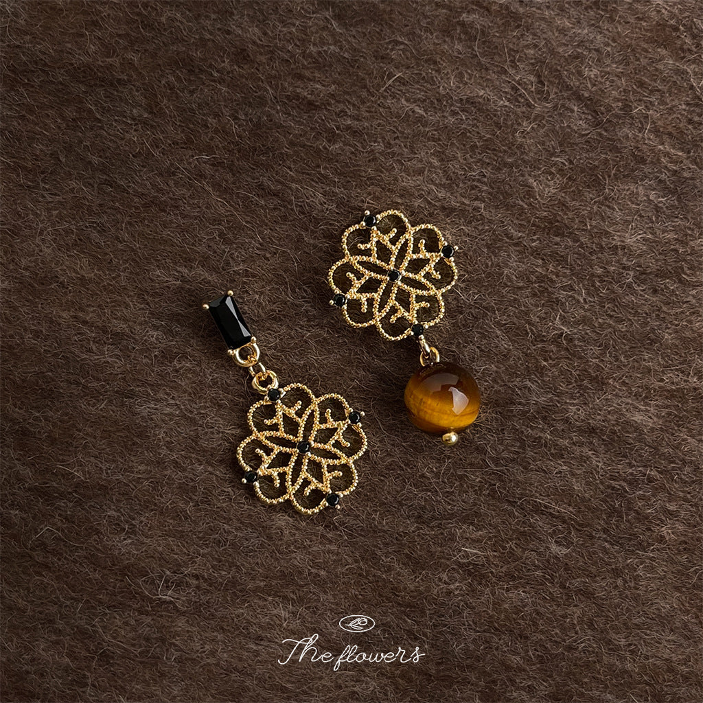 C廠【6952】高級感虎眼石微鑲鋯石925銀針不對稱設計時尚紋理幾何耳飾 耳環女
 25.10-4