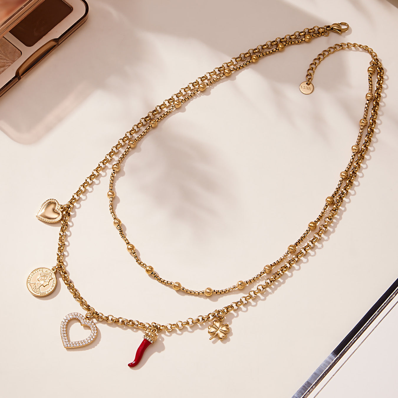 B廠【P170】不銹鋼雙層疊戴項鍊 ins愛心鋯石多吊墜歐美百搭輕奢鎖骨鏈
 25.11-3