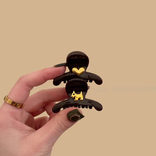 C廠【Y1062】巧克力色金標小狗公主頭抓夾女高級感瀏海夾子髮量少半紮髮夾頭飾
 26.01-1