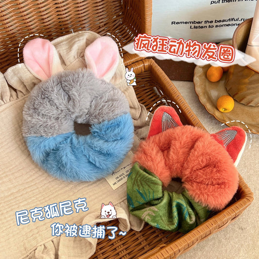 C廠【H18】可愛狐狸兔耳朵毛絨大腸髮圈女瘋狂動物扎頭髮繩甜美可愛頭繩髮飾
 25.12-4「C廠-單筆結帳需滿，NT$500出貨(不含運費)」