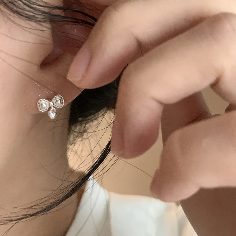 F廠【DQ11501E】足銀999小眾設計感蝴蝶結愛心耳環女精緻甜美螺絲擰純銀耳飾 25.05-5