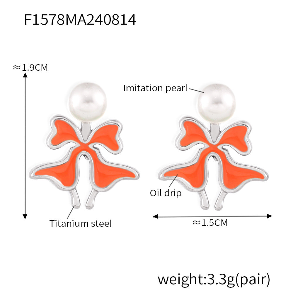 B廠【F1578】跨境仿珍珠彩釉蝴蝶花耳環鈦鋼小眾氣質設計輕奢個性耳環流行飾品 24.08-3