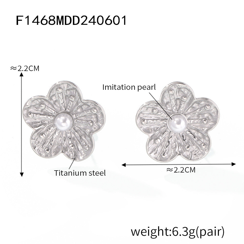 B廠【F1468】法式ins小眾復古鑲貝珠花朵耳環耳環女鈦鋼鍍18k金設計感百搭耳環 24.06-1