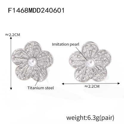 B廠【F1468】法式ins小眾復古鑲貝珠花朵耳環耳環女鈦鋼鍍18k金設計感百搭耳環 24.06-1