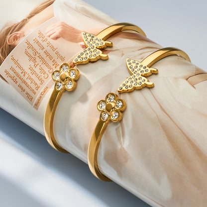 B廠【Z234】跨境時尚微鑲鋯石蝴蝶花朵彈簧開口手鐲網紅輕奢不鏽鋼18k金手環
 26.04-3