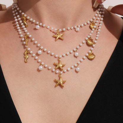 B廠【TXP335】海洋系列星星貝殼吊墜手工膠珠串珠項鍊手鍊手鍊套裝不銹鋼材質 25.08-1