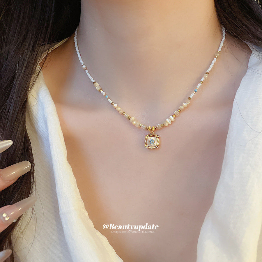 A廠【HN10553】水晶串珠貝殼方形吊墜項鍊復古優雅氣質百搭鎖骨鏈輕奢小眾頸鍊飾
 25.11-2