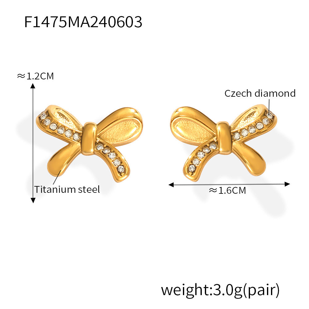 B廠【F1475】韓國版簡約單邊鑲鑽蝴蝶結耳環chic風鈦鋼鍍金耳環個性百搭保色耳飾 24.06-2