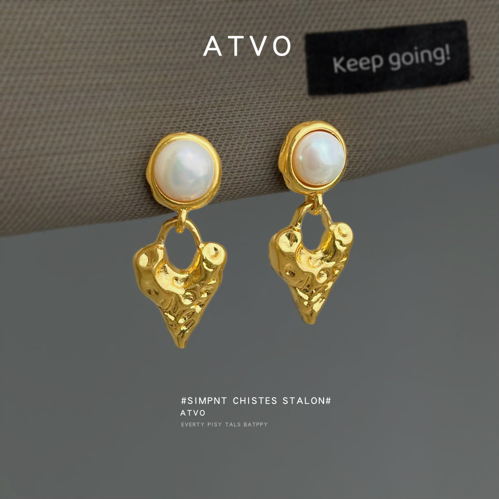 A廠 【4929】淡水珍珠肌理感鍍18K熔岩金屬愛心珍珠飾品法式復古耳環耳環
 26.03-3