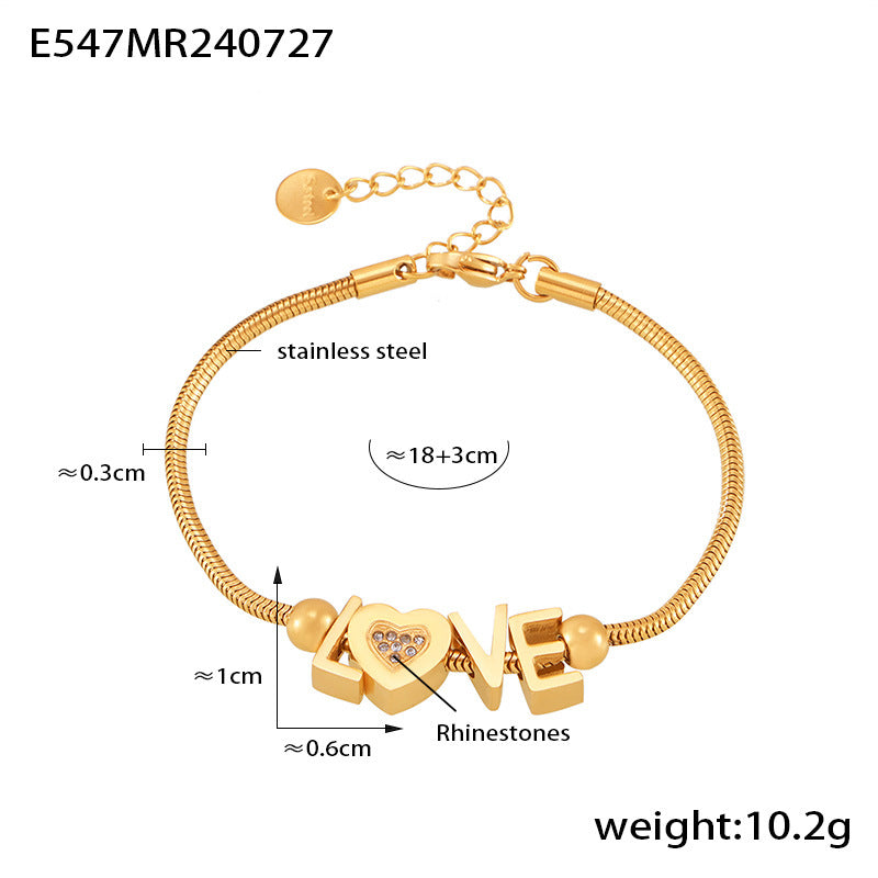 B廠【E547】跨境熱銷金色字母LOVE手鍊愛心鑲鑽不鏽鋼鍍18K金氣質手飾 24.07-5