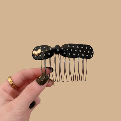 C廠【X100】甜美韓系愛心標波點蝴蝶結髮梳高級感側邊醋酸倒插梳劉海夾盤髮梳
 26.04-3