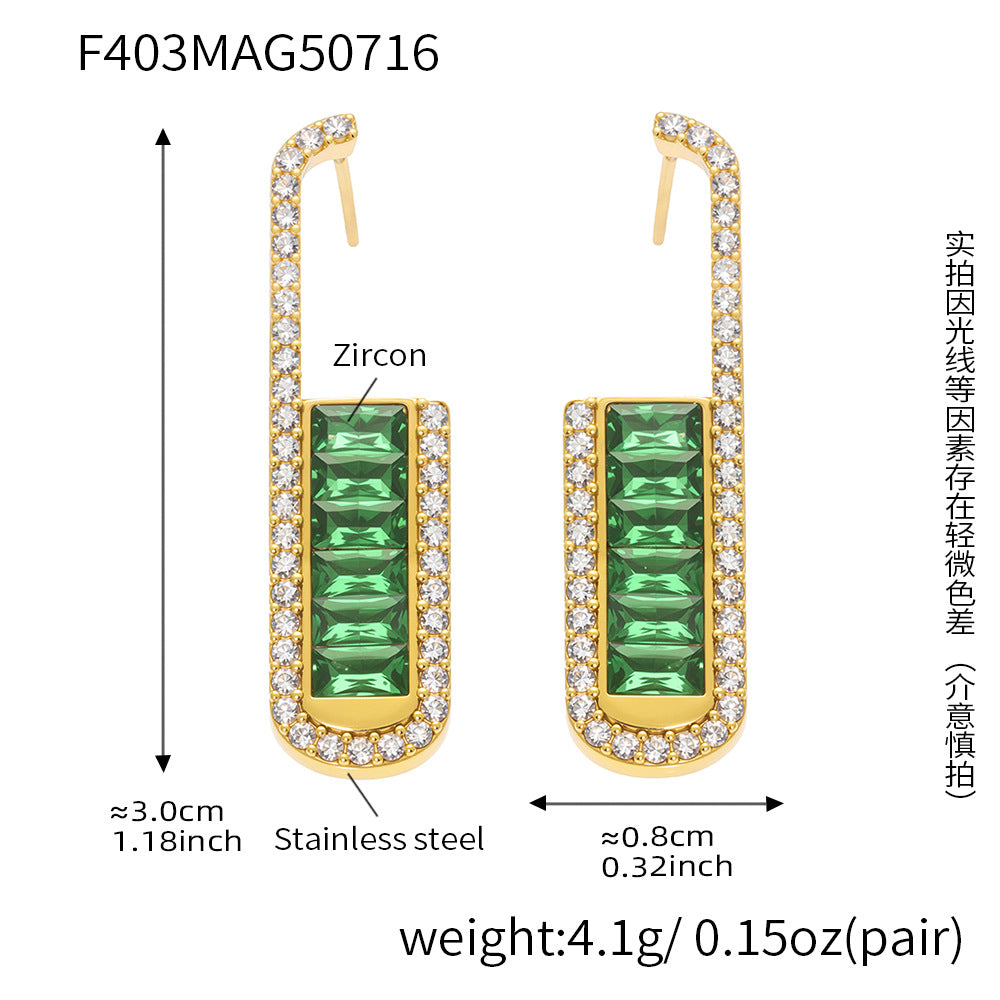 B廠【F403】不鏽鋼長方形耳石漸層綠滿鑽耳環 18k金時尚搭搭珠寶飾品 25.07-4