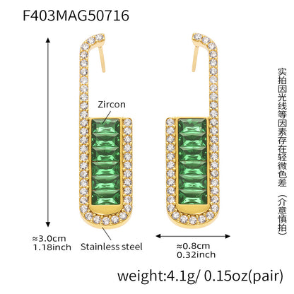 B廠【F403】不鏽鋼長方形耳石漸層綠滿鑽耳環 18k金時尚搭搭珠寶飾品 25.07-4