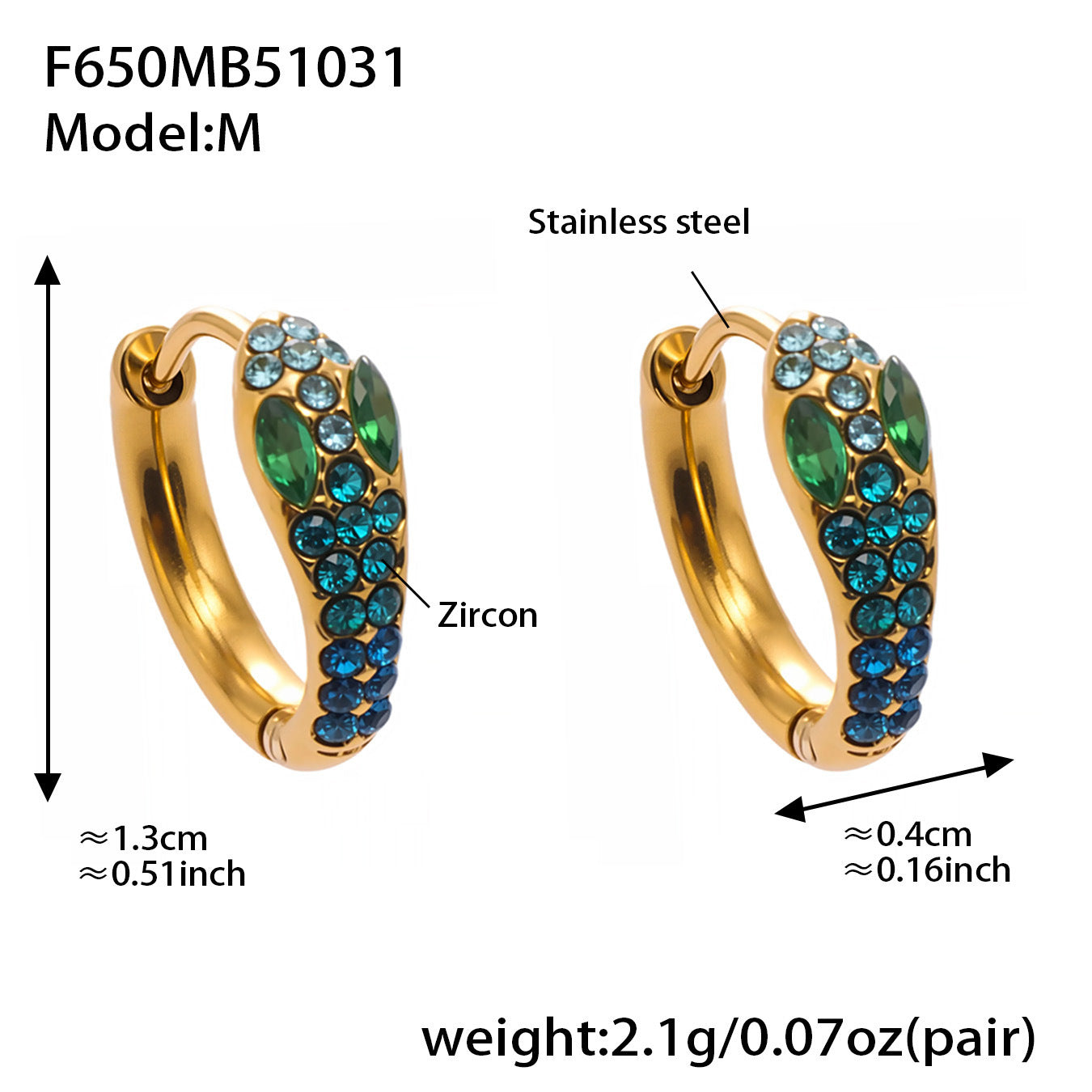 B廠【F650】彩色鋯石U形耳環不鏽鋼鍍18k真金蛇形滿鑽輕奢時尚百搭耳飾
 25.11-1
