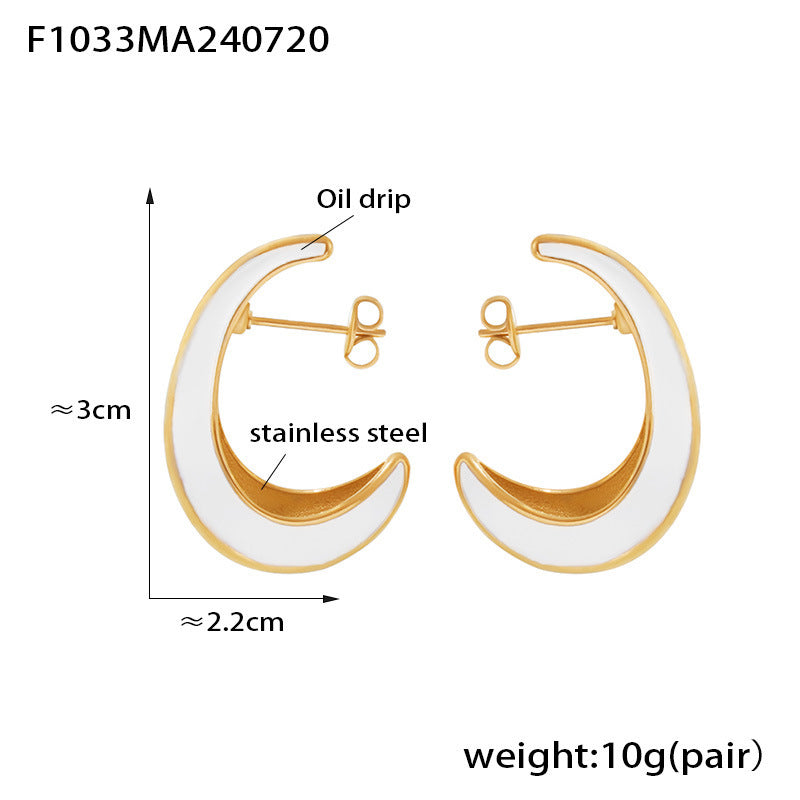 B廠【F1033】歐美chic風月牙造型內裡空心表面滴油耳環不鏽鋼鍍18k金輕奢耳環 24.07-4