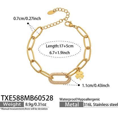 B廠【TXP588】歐美熱銷款粗鏈鎖扣幸運草滿鑽鋯石不銹鋼項鍊手鍊個性高質感套裝
 26.06-1