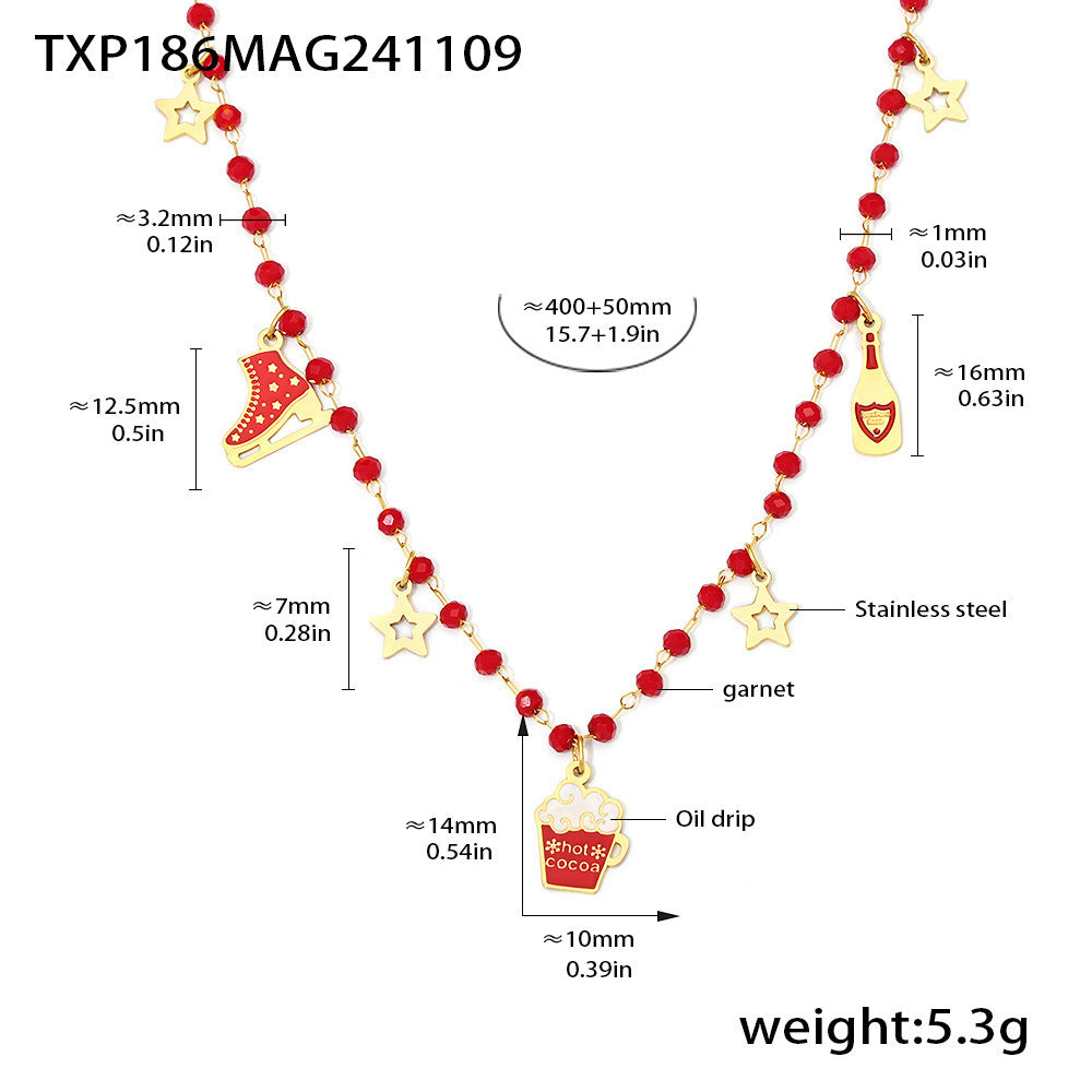 B廠【TXP186】石榴石串珠多元素滴油吊墜項鍊不鏽鋼手鍊跨境聖誕節套裝 24.11-3