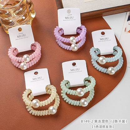 C廠【B149】2條卡裝電話線圈珍珠繩甜美果凍色馬尾皮筋 25.05-3「C廠-單筆結帳需滿，NT$500出貨(不含運費)」