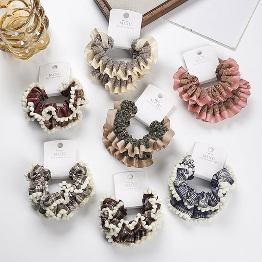 D廠【B496】2條卡裝髮圈時尚寬邊大腸圈髮繩高級感格紋布藝髮飾女高馬尾頭繩
 25.11-1「D廠-單筆結帳需滿，NT$600出貨(不含運費)」