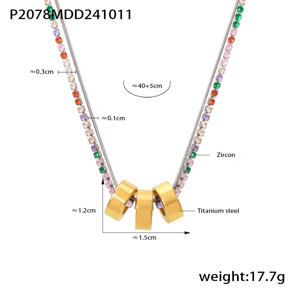 B廠【P2078】飾品316L鈦鋼3mm爪鑽多彩鋯石間電3環鎖骨項鍊鍍18K金保色 24.10-4