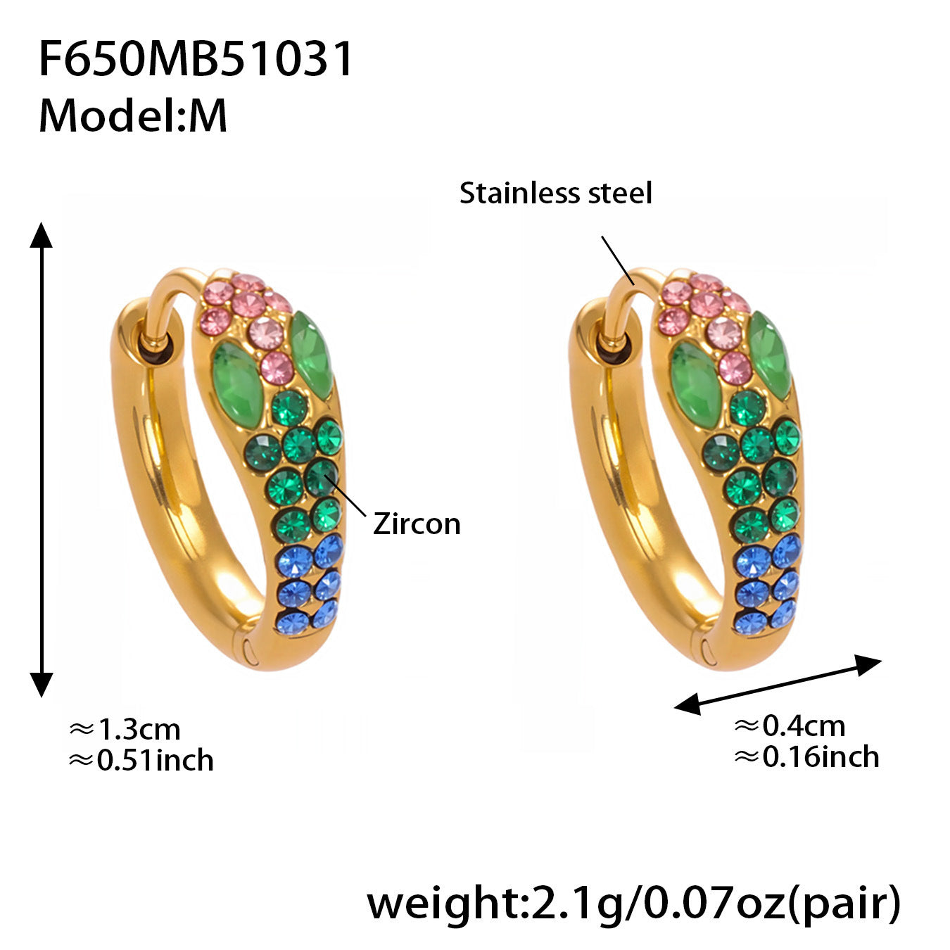 B廠【F650】彩色鋯石U形耳環不鏽鋼鍍18k真金蛇形滿鑽輕奢時尚百搭耳飾
 25.11-1