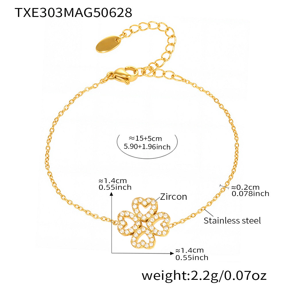 B廠【TXP303】5A鋯石超閃愛心四葉花滿鑽鎖骨項鍊手鍊飾品套裝不銹鋼材質 25.07-2