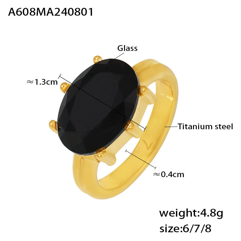 B廠【A608】法式宮廷風橢圓玻璃石戒指奢華氣質感鈦鋼鍍18k真金手飾品女 24.08-2