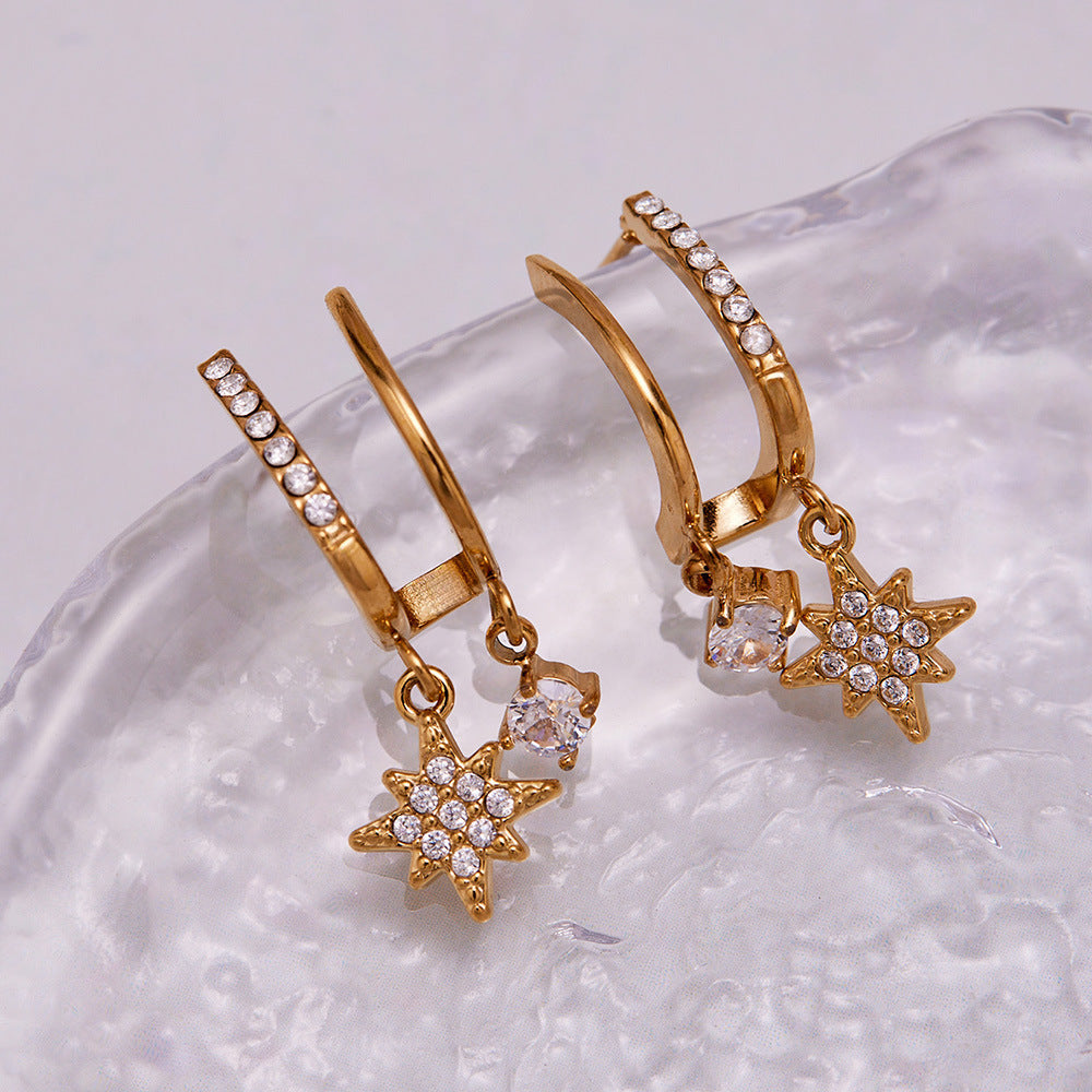 B廠【F1327】不鏽鋼5A鋯石雙層爪鑽超閃八芒星吊墜耳環跨國氣質百搭耳飾
 25.11-1