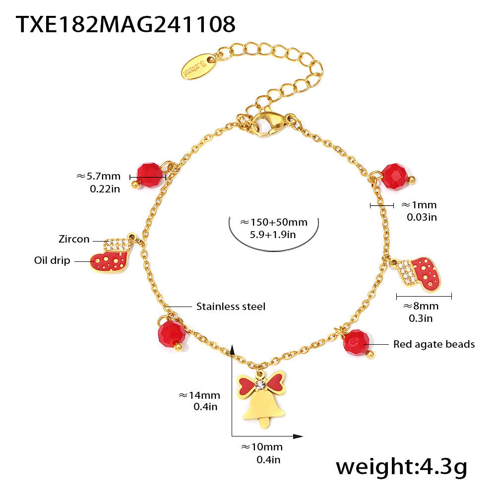 B廠【TXP182】不銹鋼鋯石滴油鈴鐺切面紅瑪瑙項鍊手鍊耳環聖誕節套裝禮物 24.11-3