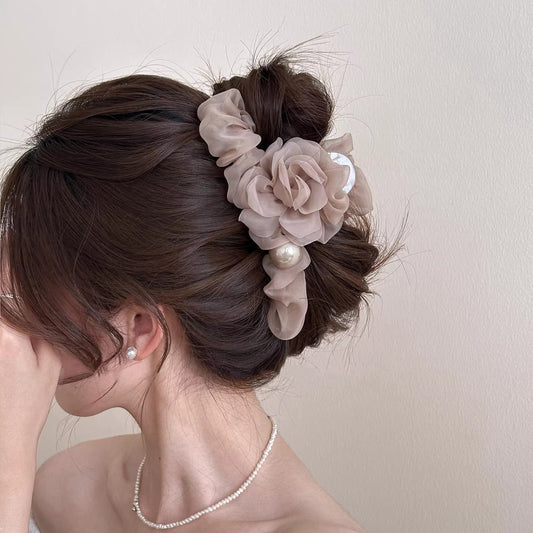 C廠【X60】韓國網紗珍珠花朵抓夾女後腦勺盤髮鯊魚夾髮量多髮夾百搭夾子髮飾
 26.03-4