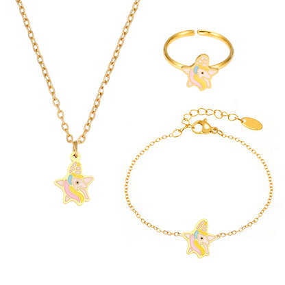 B廠【TXP313】飾品卡通可愛獨角獸滴油項鍊手鍊戒指套裝不銹鋼材質 25.07-3