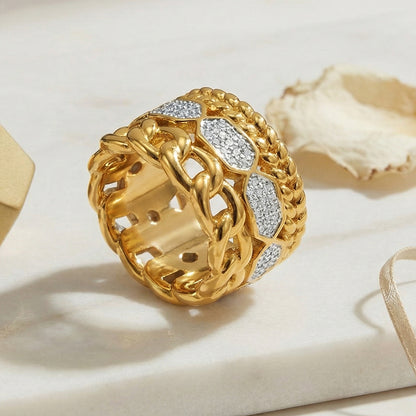 B廠【A041】不鏽鋼滿鑽鋯石幾何戒指 鍍18k金歐美時尚百搭輕奢個性氣質食指戒
 26.01-1