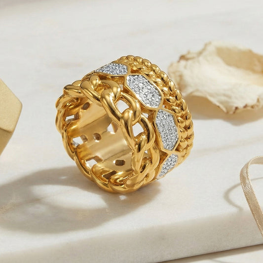 B廠【A041】不鏽鋼滿鑽鋯石幾何戒指 鍍18k金歐美時尚百搭輕奢個性氣質食指戒
 26.01-1