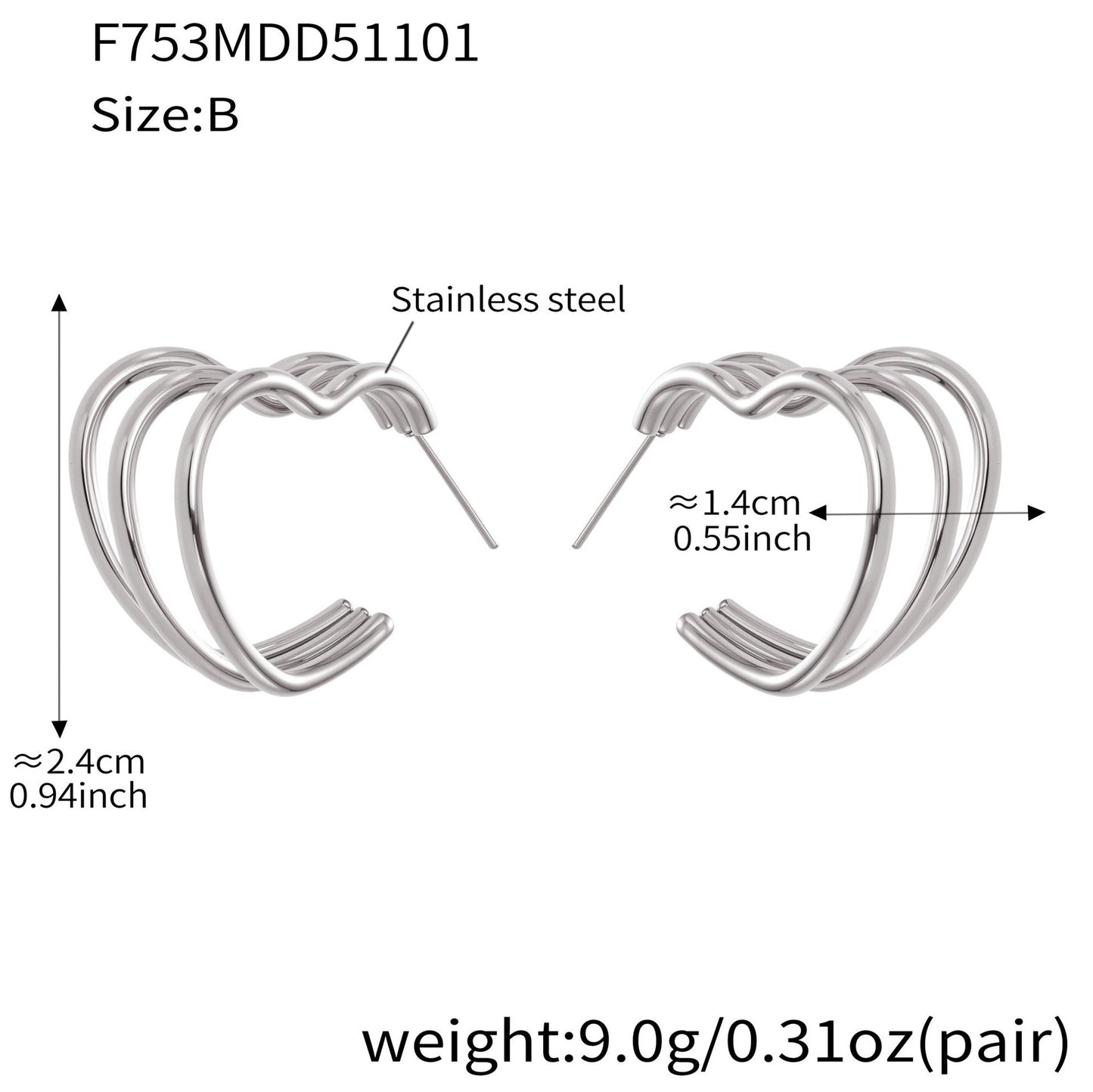 B廠【F753】ins風小眾設計三層愛心耳環不鏽鋼18k鍍金耳環不掉色耳飾
 25.11-1