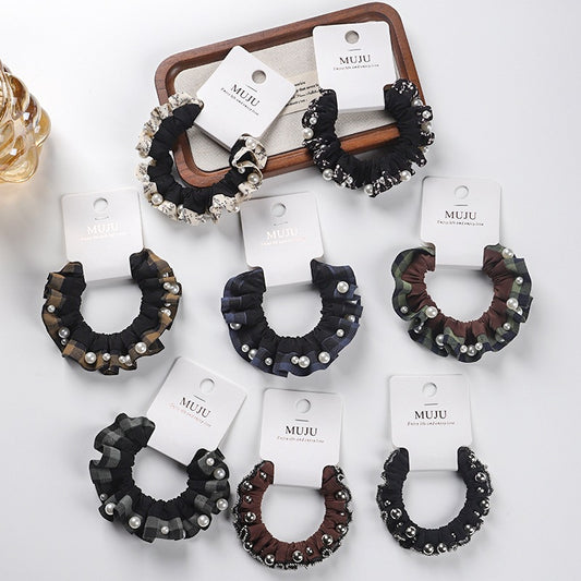 D廠【B483】卡片裝髮繩高級感釘珍珠髮圈時尚格紋蕾絲小腸圈頭繩髮飾綁馬尾皮筋
 25.10-5「D廠-單筆結帳需滿，NT$600出貨(不含運費)」