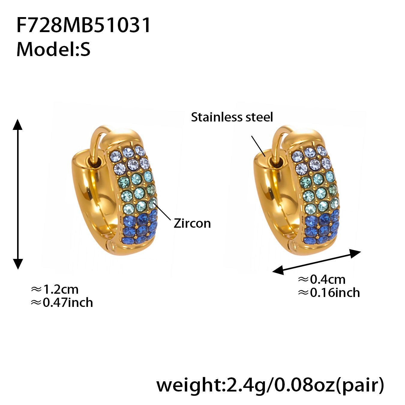 B廠【F728】高質感滿鋯三排鑽球面U型耳扣鍍18k真金輕奢百搭不鏽鋼耳環
 25.11-1