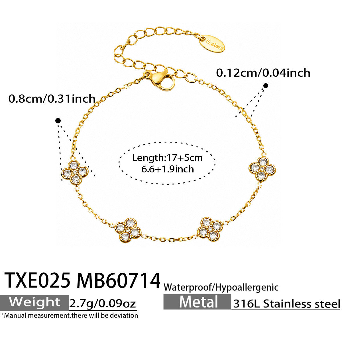 B廠【TXP025】歐美多巴胺系列四葉花不銹鋼鍍18k金 鑲嵌鋯石項鍊手鍊女飾品套裝
 26.07-4