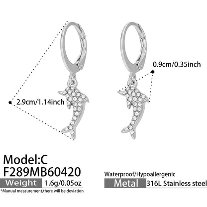 B廠【F289】海洋風不鏽鋼鑲嵌鋯石小海豚吊墜耳環鍍18k金耳圈輕奢簡約耳飾女
 26.04-5