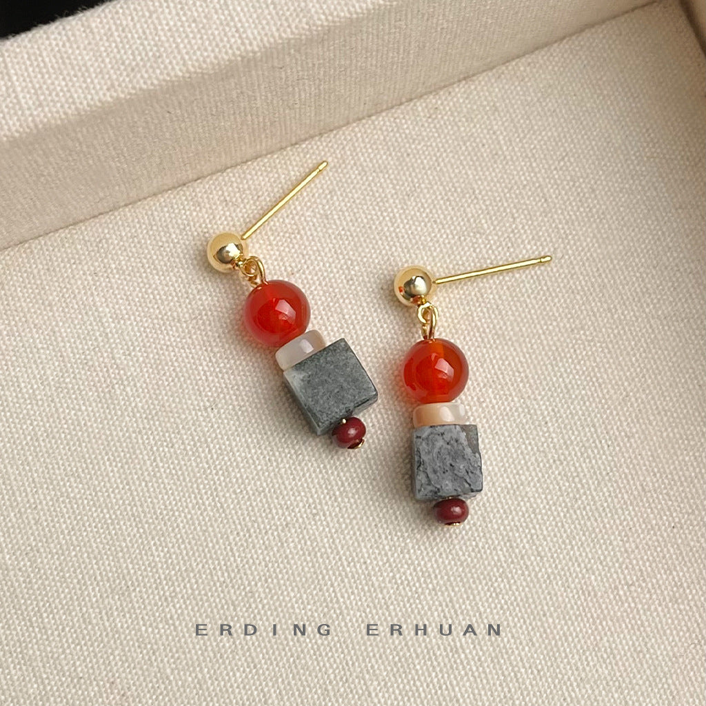 C廠【S175】個性國潮新中式天然石紅瑪瑙氣質簡約手工耳環耳環飾品女 24.12-4