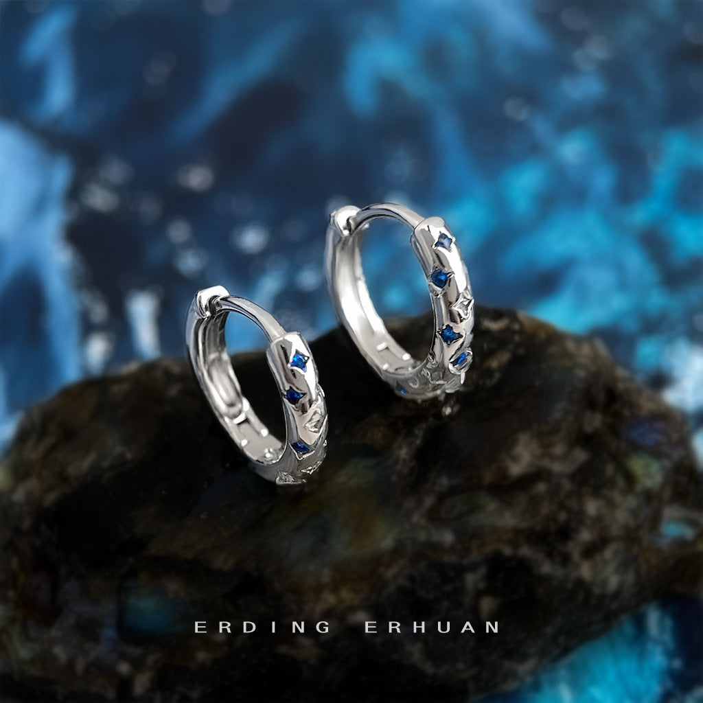 C廠【6946】時尚高級感個性甜酷風芒星藍鋯石圓形幾何百搭耳扣女氣質耳環耳環
 25.10-4