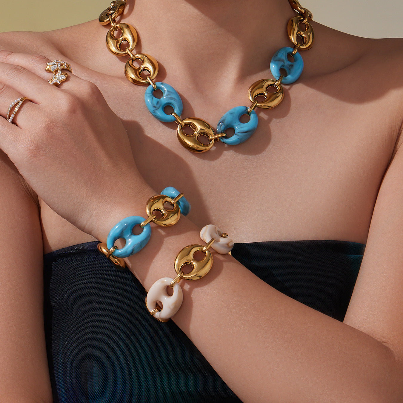 B廠【TXP430】不銹鋼豬鼻子樹脂項鍊多色時尚手工鍊鍍18k金項鍊手鍊耳環
 25.10-3