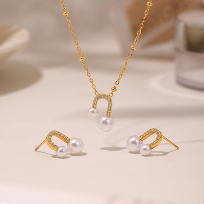 B廠【TXP231】U型貝珠鋯石項鍊耳環小眾設計感輕奢時尚鎖骨鏈耳飾套裝女 25.03-3