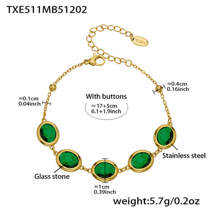 B廠【TXP511】不鏽鋼幾何橢圓切面玻璃石包邊項鍊手鍊耳環組鍍18k金跨國首飾
 25.12-2