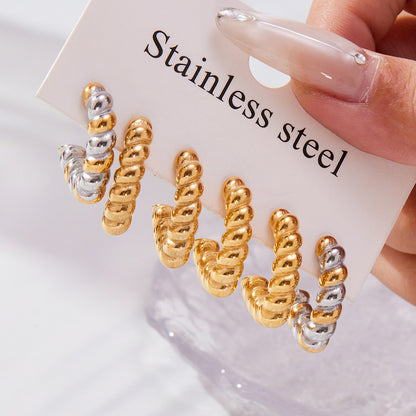 B廠【F970】不鏽鋼重工螺紋麻花形狀耳環拼色間電鍍18k金簡約新潮耳環
 25.10-5