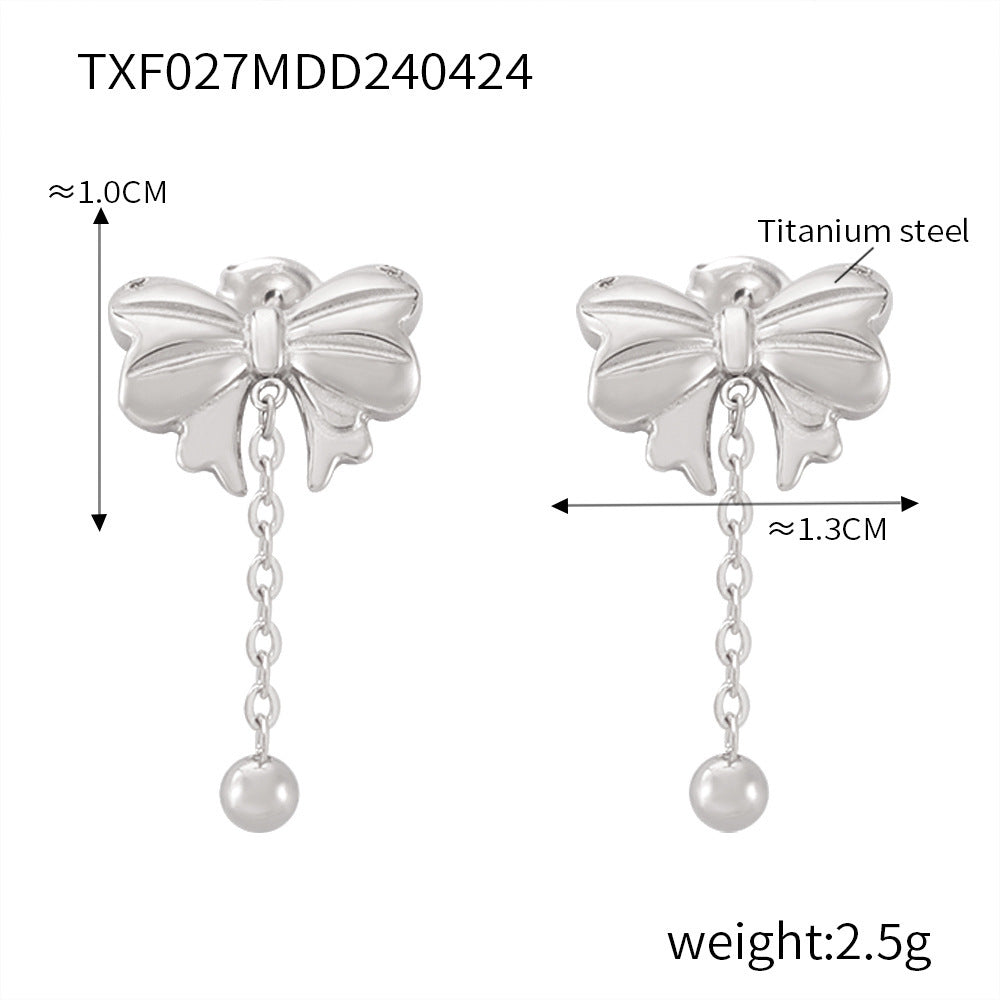 B廠【TXP027】歐美跨境蝴蝶結簡約個性項鍊女愛心長款流蘇吊墜鈦鋼耳環套裝 24.05-1