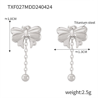 B廠【TXP027】歐美跨境蝴蝶結簡約個性項鍊女愛心長款流蘇吊墜鈦鋼耳環套裝 24.05-1