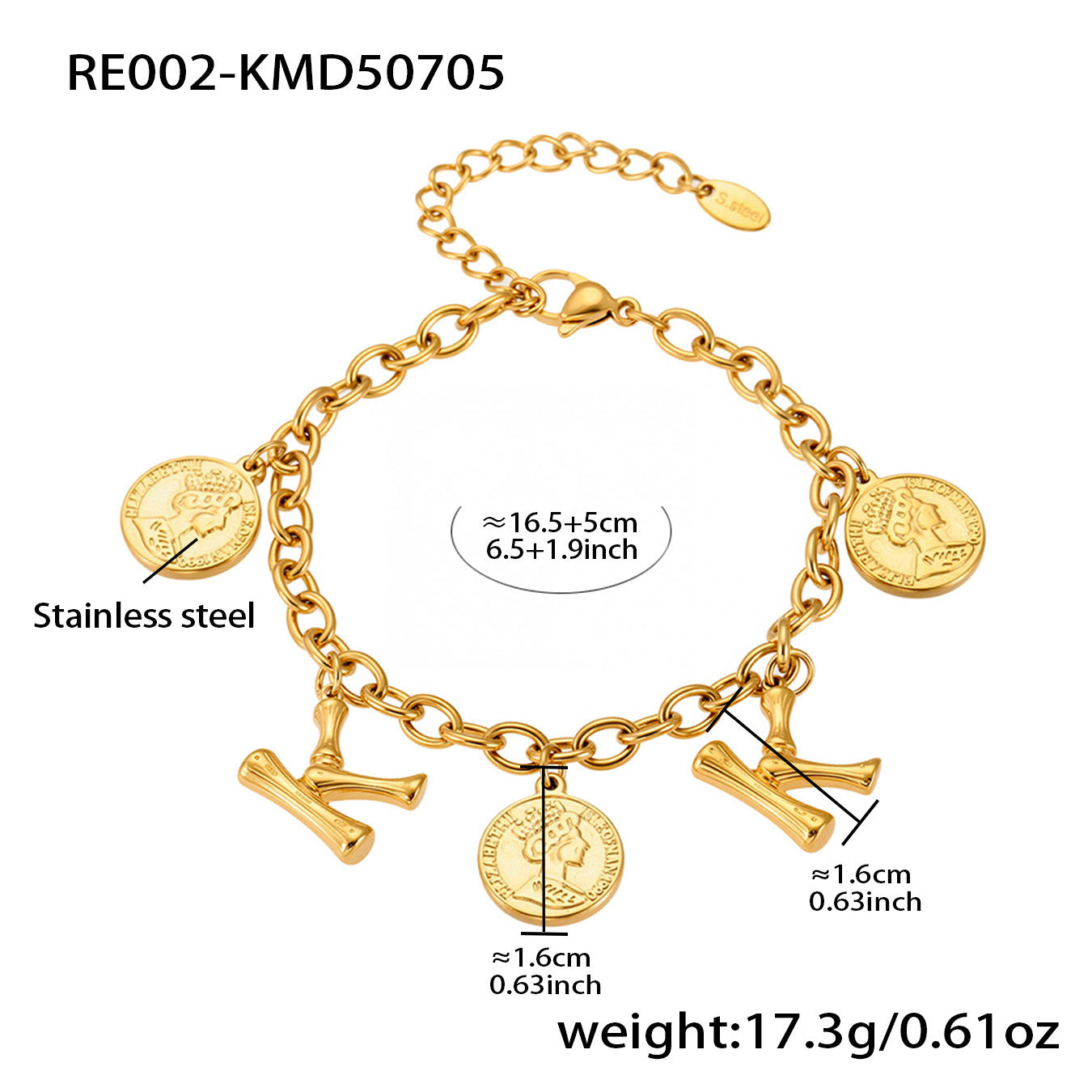 B廠【RE002】歐美飾品不鏽鋼26個字母伊莉莎白女王圖像手鍊鍍18k金色保色 25.07-3