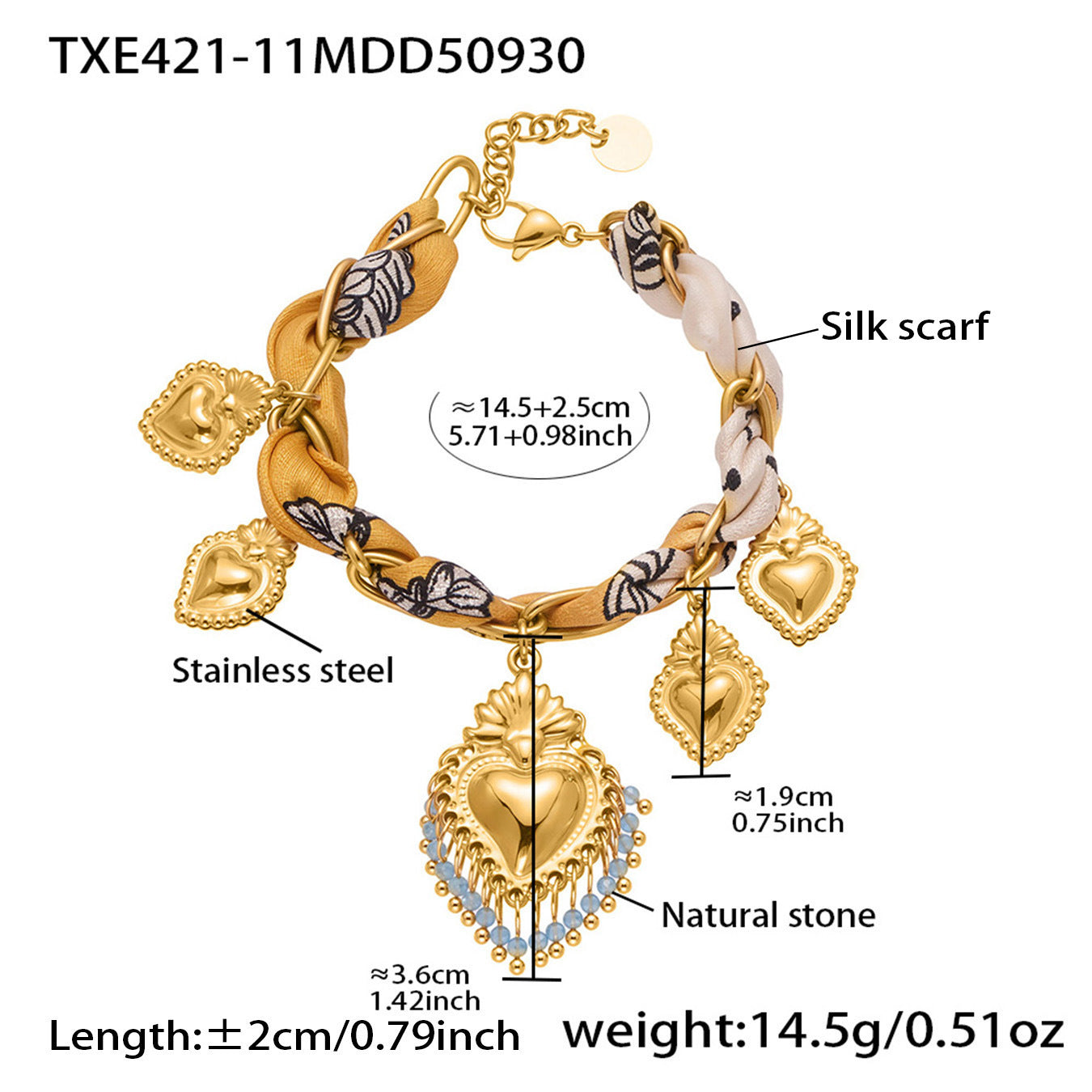 B廠【TXP421】歐美復古絲巾不銹鋼多愛心吊墜項鍊手鍊設計小眾首飾套裝女
 25.10-3